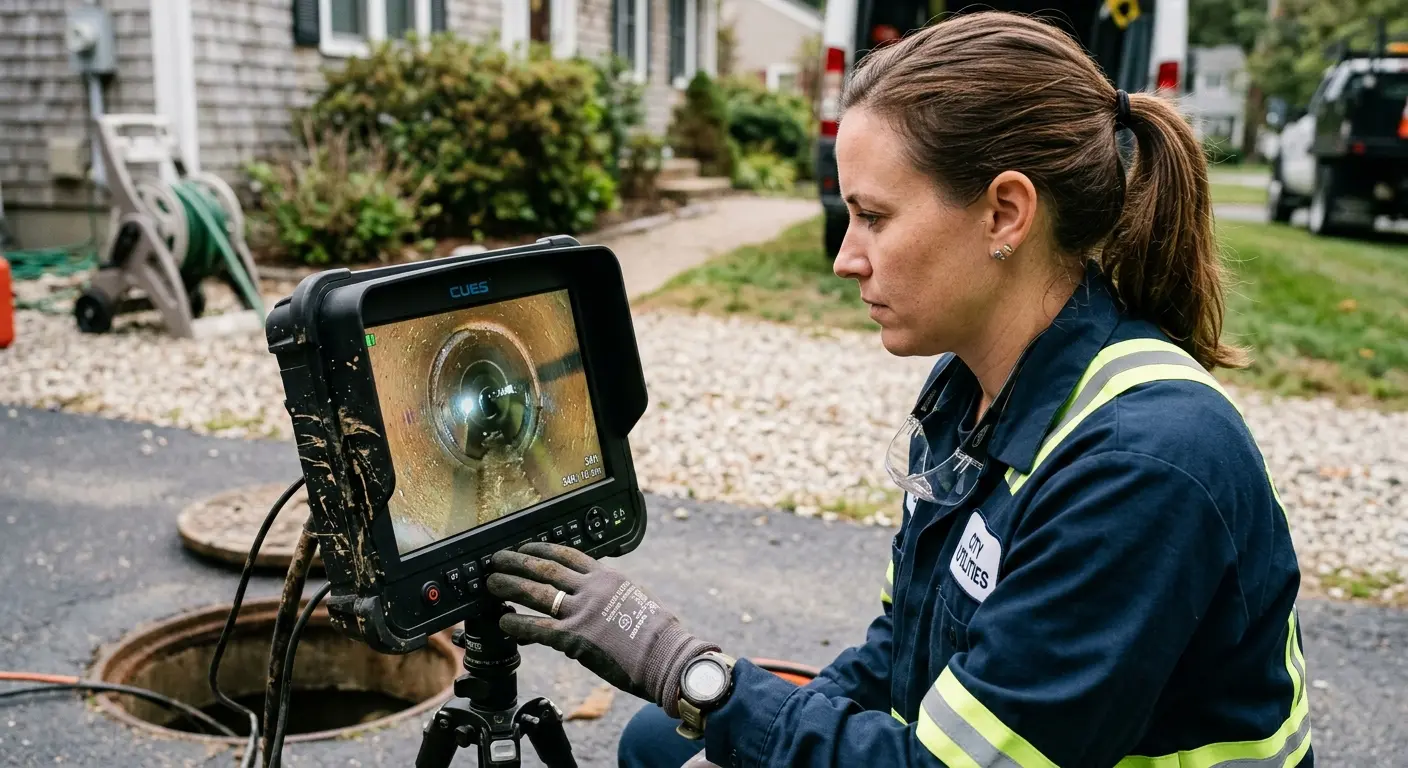 Technician reviewing sewer camera inspection footage in Van Buren