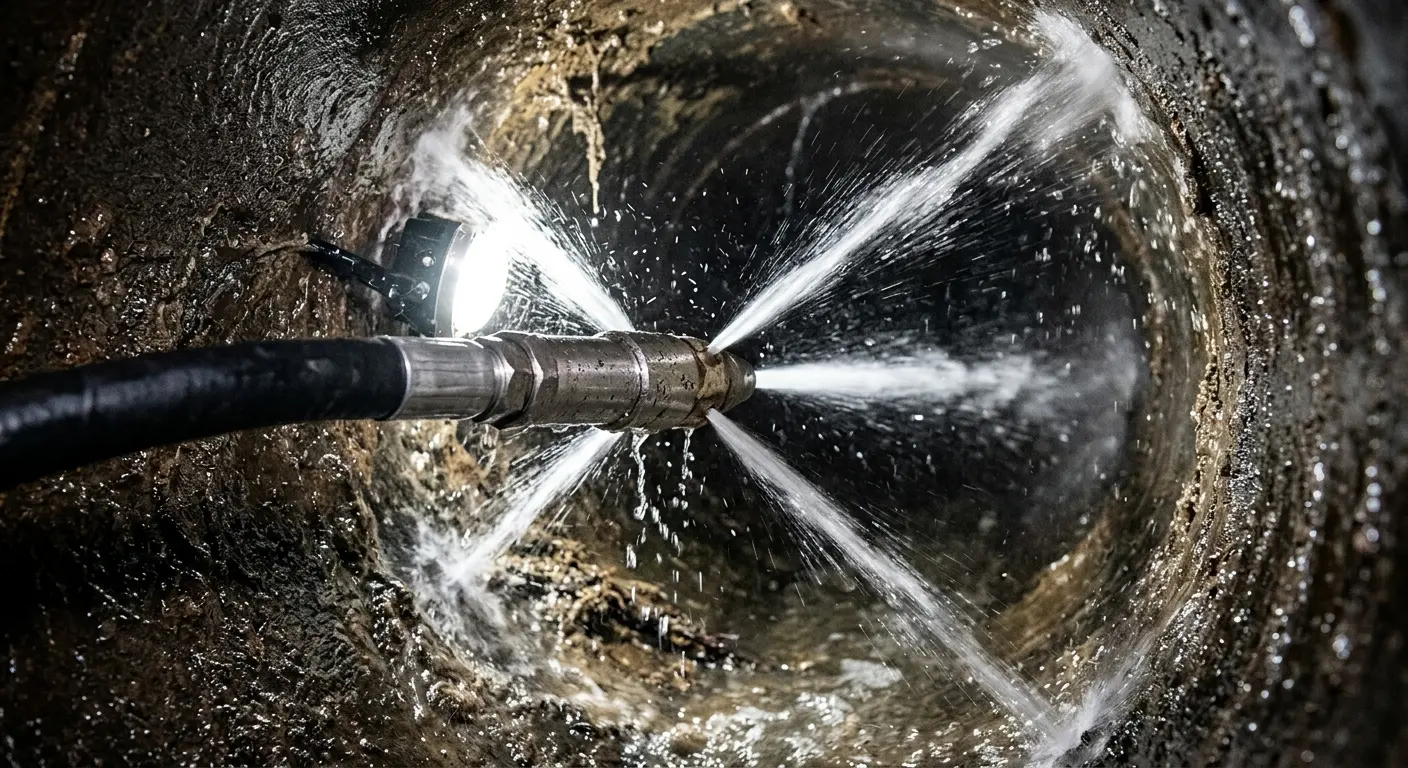 High-pressure hydro jetting nozzle cleaning sewer pipe for Storm Drain Cleaning in Van Buren