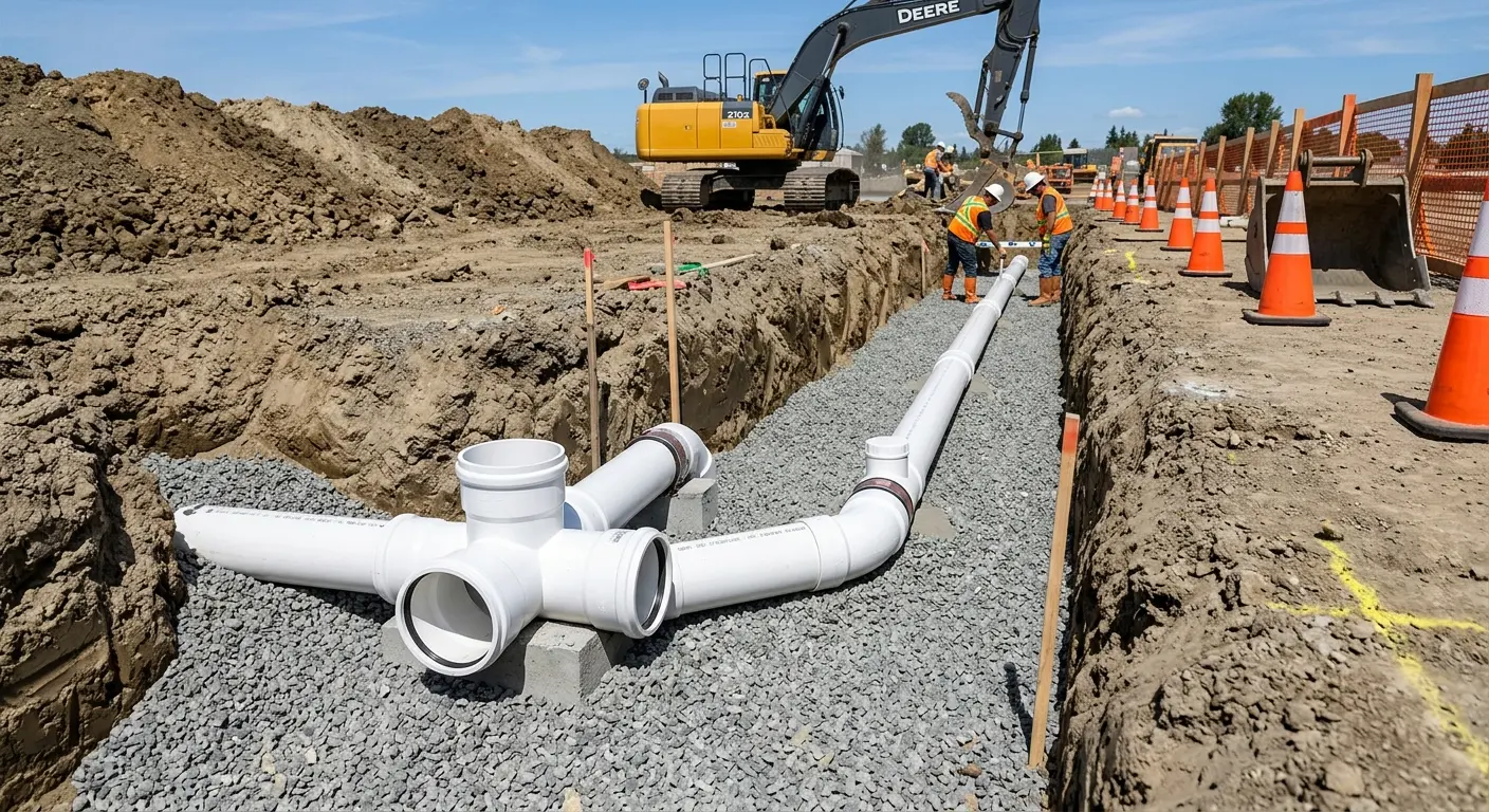 New PVC sewer pipe installation in open trench for Grease Trap Cleaning in Van Buren