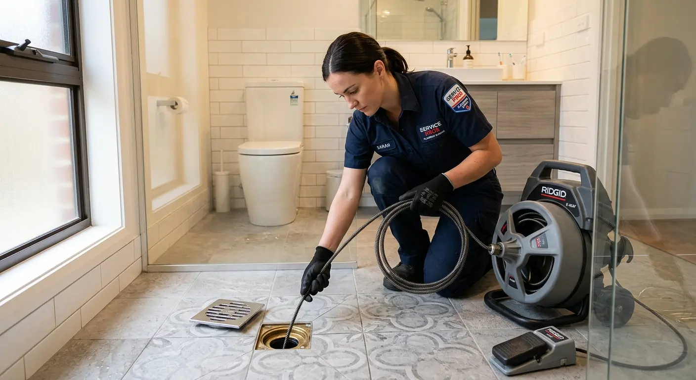 Technician clearing a bathroom floor drain for Drain Cleaning in Van Buren
